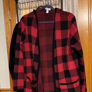 Red and Black Plaid Hooded Cardigan